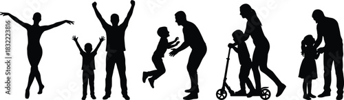 Skateboarder silhouettes collection, vector set of skaters performing tricks and jumps, isolated black urban sport figures on white background