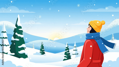 A person bundled in warm winter clothes peacefully watches the sunrise over a tranquil snowy mountain landscape