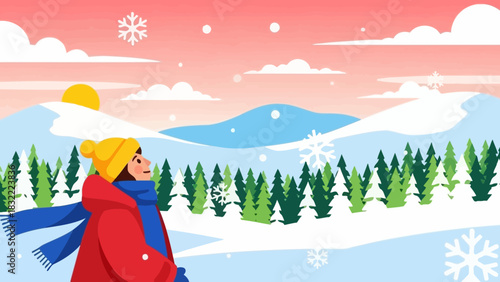 Winter Wonderland A Person Enjoying a Snowy Landscape with Mountains and Sunshine, Feeling Joy