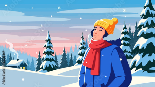 Winter Wonderland A Person Enjoying the Snowfall Amidst Snowy Trees and a Cozy Cabin