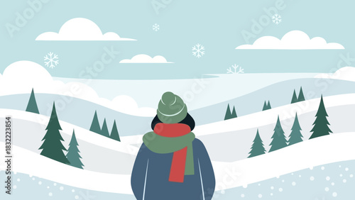 Winter Walk Back View of Woman Amidst Snowy Landscape