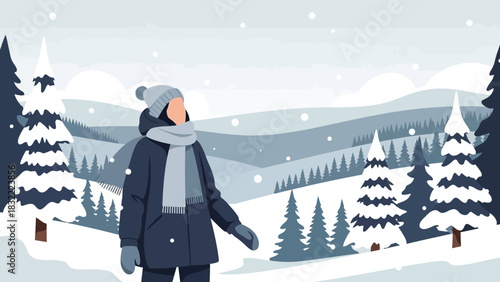 A person bundled in warm winter clothing enjoying a peaceful snowy landscape with rolling hills and pine trees during a gentle snowfall