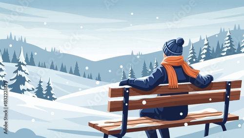 Person on a Bench Admiring a Serene Winter Landscape Covered in Fresh Snowfall