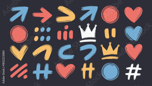 Hand-drawn brush stroke symbols set with arrows, hearts, crowns, circles and abstract marks on dark background