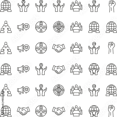 Communication, teamwork, leadership, empowerment, global, icons, unity, collaboration, meeting, speech, hands, flat, vector, illustration, connection, support, interaction, people, social, engagement