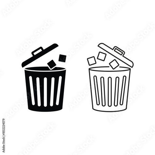 Trash can icon set with lid open and waste cubes falling in