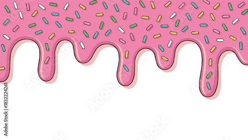 Pink dripping icing border with colourful sprinkles in sweet dessert themed cartoon style
