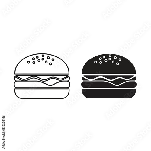 Burger icon set outline and solid black silhouette for fast food menu