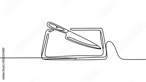a sharp kitchen knife resting on a cutting board, suitable for cooking, food prep, and culinary design themes.