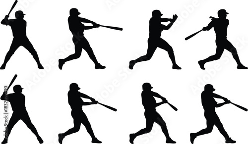 Baseball player silhouettes collection, vector set of batters swinging, isolated black action figures on white background, American sport