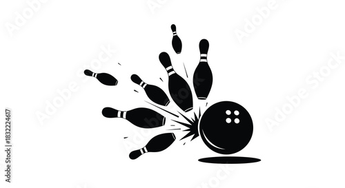 a dynamic depiction of a bowling ball striking pins in a striking silhouette