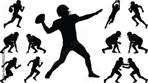 American football players silhouettes collection, vector action set including quarterback throwing ball, running, catching, tackling, and blocking poses