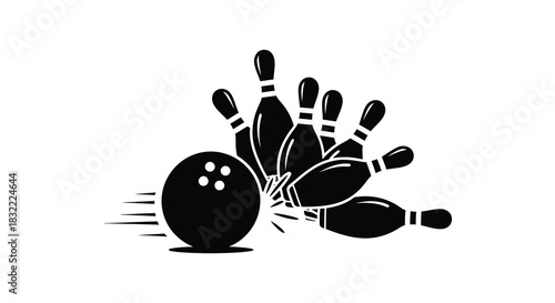 a striking scene depicts a bowling ball impacting pins in dark silhouette