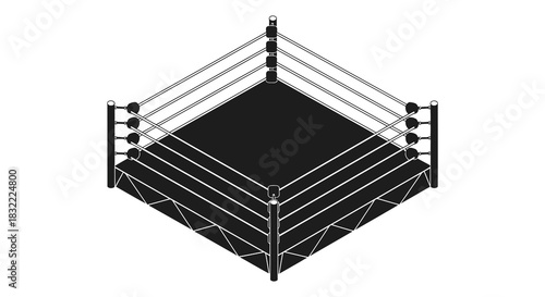 a black and white illustration depicting an empty boxing ring from a high angle silhouette