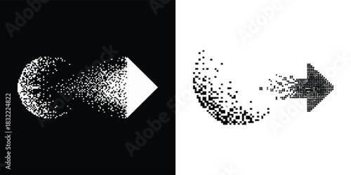 Pixel dispersion arrow concept with dissolving geometric shapes in bold black and white digital style