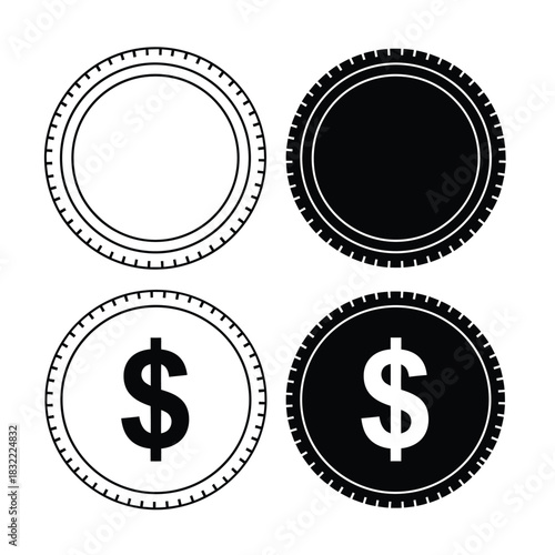Four coin illustrations blank solid dollar sign and inverted dollar sign