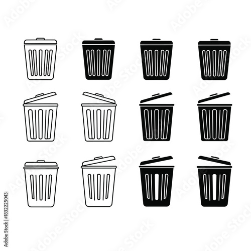 Diverse collection of trash bin illustrations in black and white sketch style