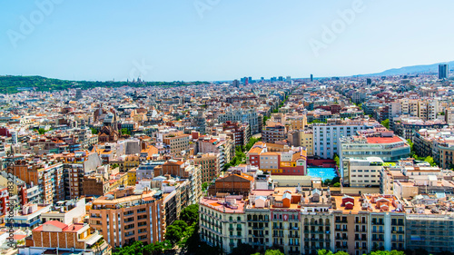 Barcelone, Spain - July 12 2025: The panorama view of Eixample District of Barcelone from the tower of the Sagrada Famillia Basilique