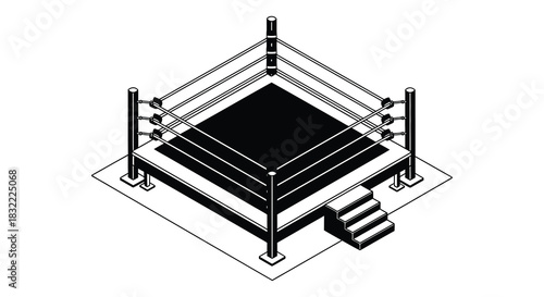 Isometric view of an empty boxing ring with ropes and steps a stark silhouette