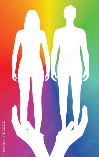 Hand hold man and woman silhouette. vector	
