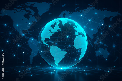 Futuristic Earth Globe with Glowing Communication Lines Over Digital World Map