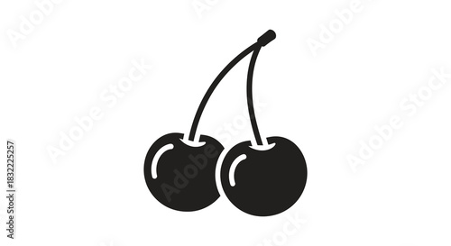 A simple black and white illustration of two cherries with stems a striking silhouette