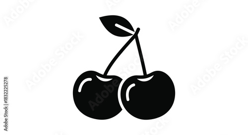 A simple black and white illustration of two cherries with a single leaf silhouette
