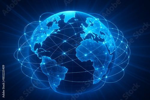 Futuristic Global Network Connections Around Glowing Blue Digital Planet Earth