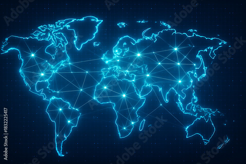 Futuristic Global Grid Map Connection with Neon Network Points Illustrating Systems