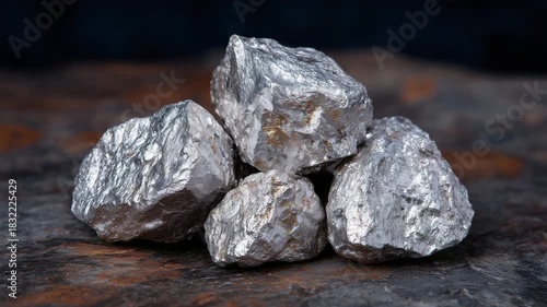 192Close-up of raw platinum nuggets displayed on a dark background, cool silver tones highlighted by soft gradient lighting
