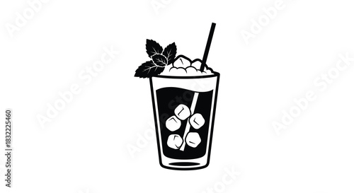 A refreshing iced drink with mint garnish and ice cubes a striking black silhouette