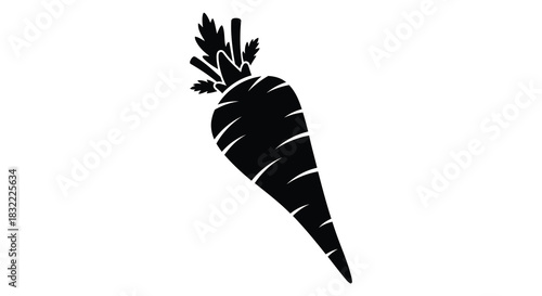 A simple graphic depiction of a carrot with leafy greens presented as a silhouette