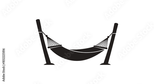 A simple black and white illustration of a hammock suspended between two posts silhouette