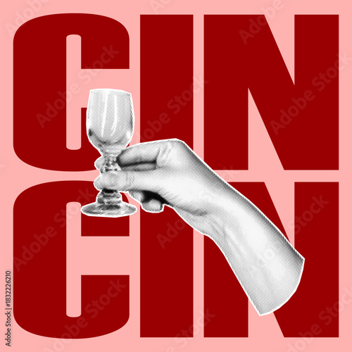 Halftone collage illustration of a hand with a glass. New Year cheer and holiday toast vibe. Vector design element for festive invitations and greeting cards.