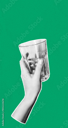 Modern halftone collage with hand holding a cocktail glass. Retro newspaper texture and bold color background. Celebration poster for party or event design.