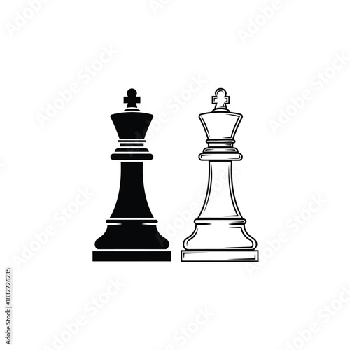 Chess king and queen pieces illustration in black and white style