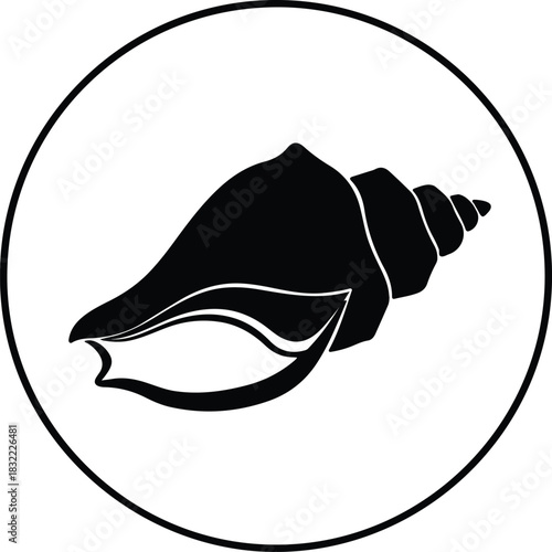Illustration of a conch shell inside a circular black frame silhouette vector