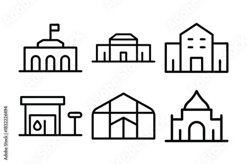 Black Line Drawings of Various Buildings and Structures