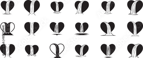 Stylized black heart icons with flowing water, resembling waterfalls. they symbolize overflowing love, deep emotion, passion, abundance, and fluid feelings. versatile minimalist design elements 