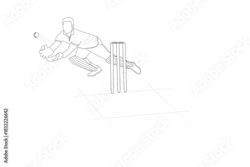 Cricket player line art drawing illustrations, sketch of a cricket player, The set of cricket player silhouette, Doodle sketch, Catch the ball, Cricket action pose line art championship.