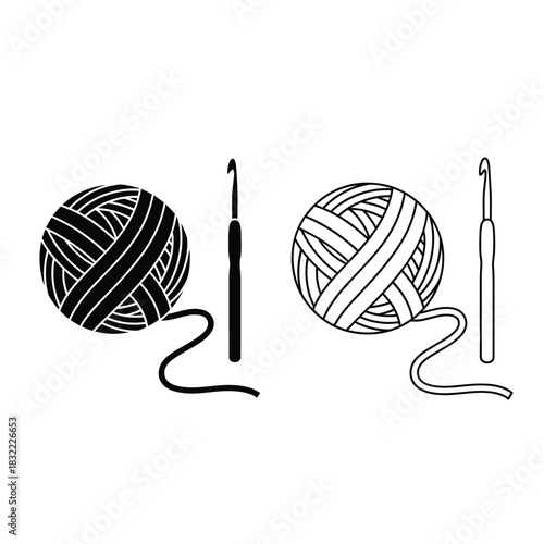 Black and white crochet ball and hook illustration for craft projects