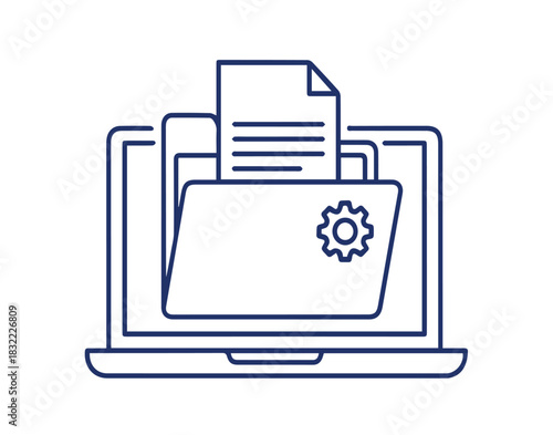 Digital document management on a laptop computer with organizational folders and settings icon