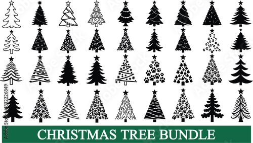 Collection of Different Black and White Evergreen Trees Silhouette with Star on Top Isolated on Transparent Background 
