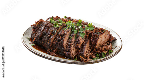 Sliced Braised Beef Brisket with Herbs isolated on a transparent background