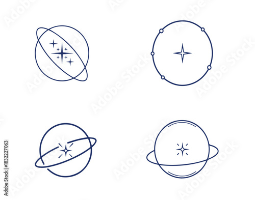 Whimsical hand-drawn icons representing planets and celestial bodies with subtle starry accents