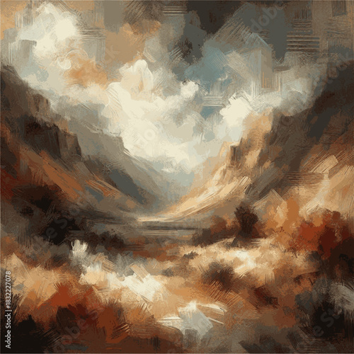 The Breath of an Ancient Valley. Abstract mountain landscape with oil paints, background images.