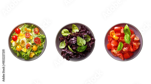 Three bowls of fresh salad isolated on a transparent background