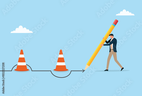 Vector illustration of a businessman drawing a new path to bypass obstacles, symbolizing strategic thinking, problem-solving, and creating smarter routes toward achieving goals
