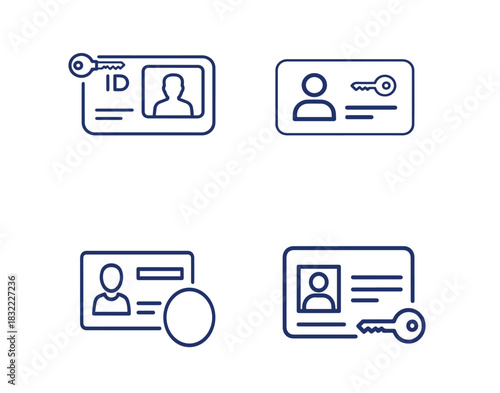 Collection of stylized ID cards with key icons representing access and identification