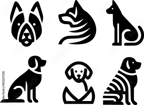 A set of minimalist dog icons and logos.